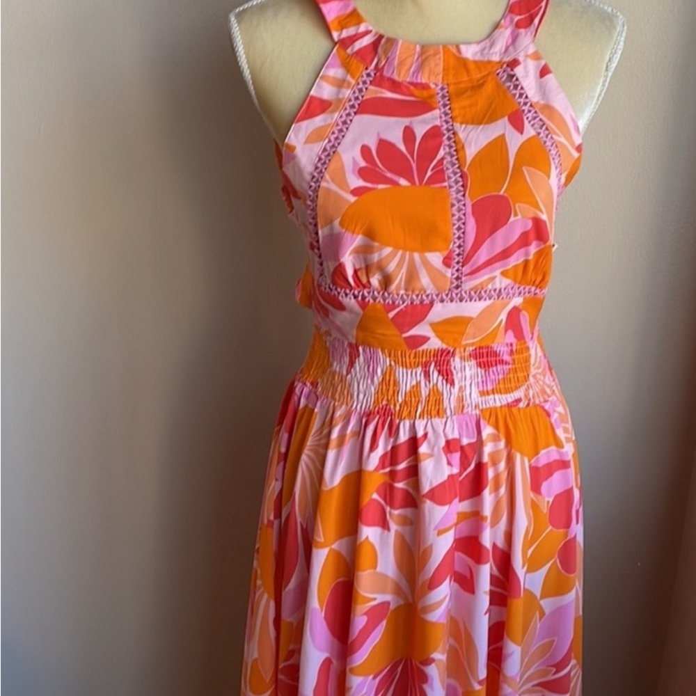 Anthropologie Abel the Label Floral Maxi Dress with Tie back- Orange and Pink XS - Picture 2 of 9
